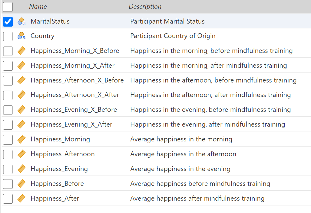 Variables for Example Data Set