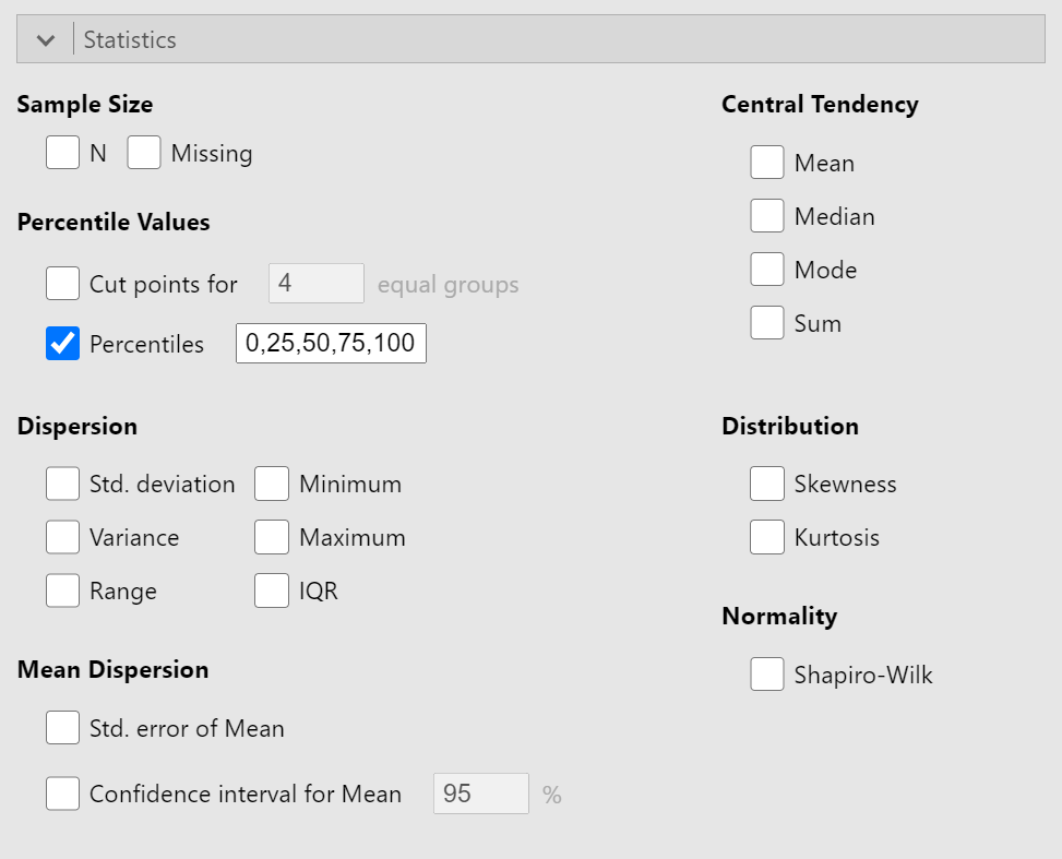 Five Number Summary Selection in Descriptive Statistics Options