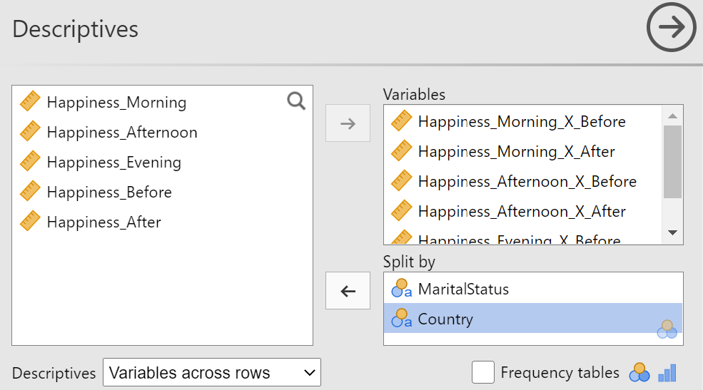 Variables Set in Descriptives Panel