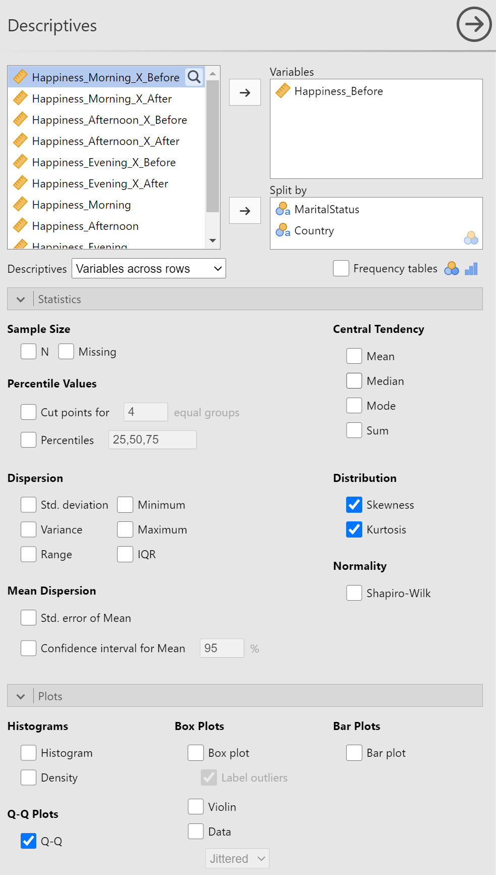 Descriptives Panel Setup to Check Assumption of Normality