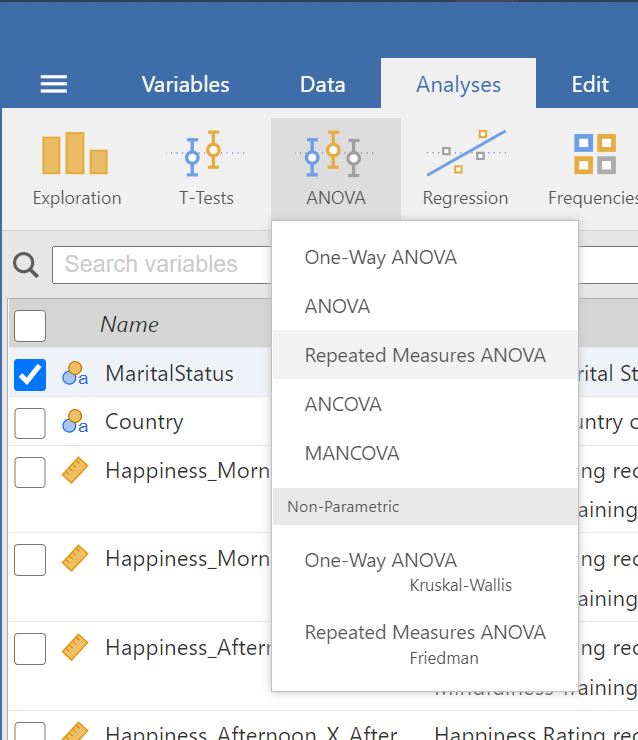 Repeated Measures Option under the ANOVA Menu in the Analyses Tab