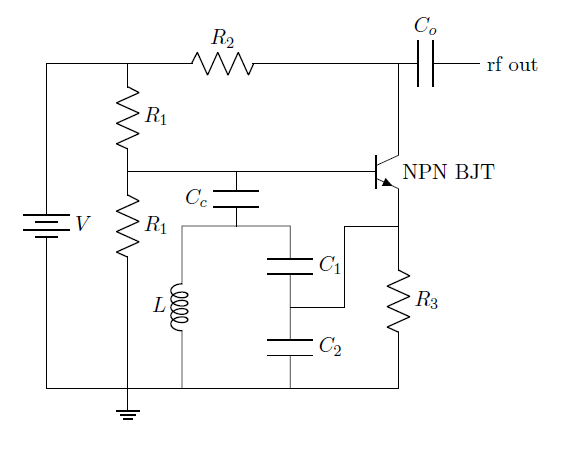 Basic Colpitts Oscillator using an NPN BJT.