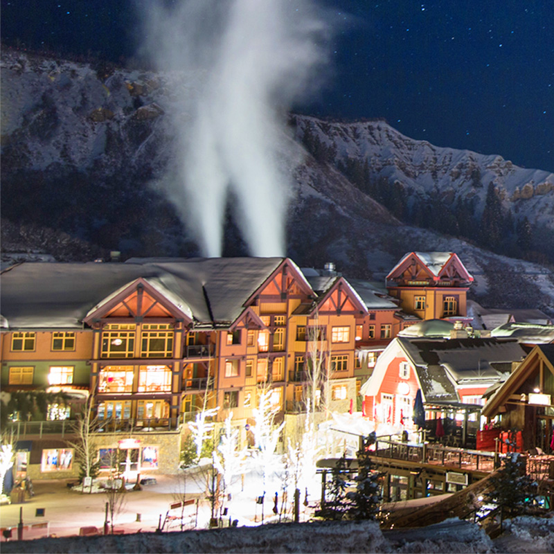 Distant image of resort buildings at night